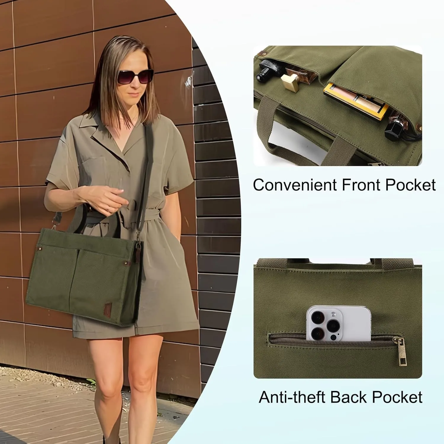 VASCHY Canvas Tote Bag for Women, Casual Sturdy Work Satchel Teachers Tote Purse with Zippers Pockets Crossbody Shoulder Bag