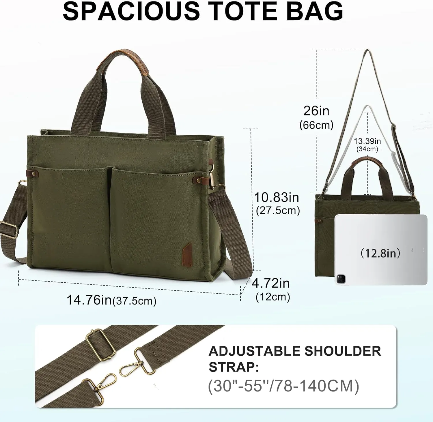 VASCHY Canvas Tote Bag for Women, Casual Sturdy Work Satchel Teachers Tote Purse with Zippers Pockets Crossbody Shoulder Bag