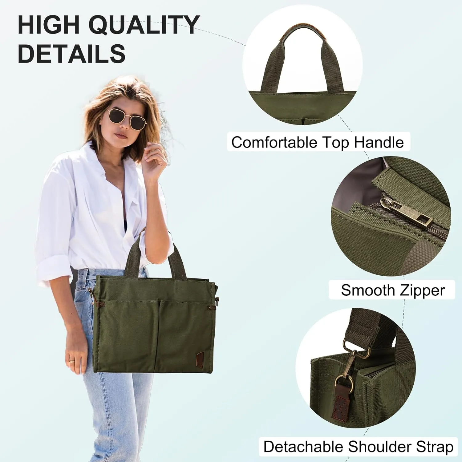 VASCHY Canvas Tote Bag for Women, Casual Sturdy Work Satchel Teachers Tote Purse with Zippers Pockets Crossbody Shoulder Bag