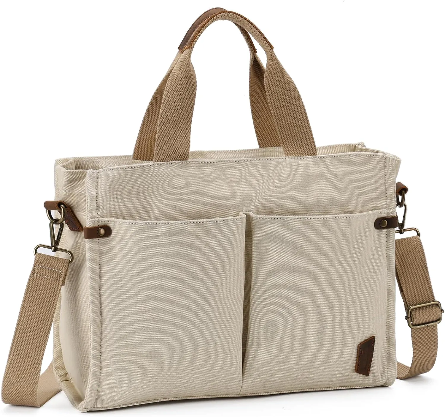 VASCHY Canvas Tote Bag for Women, Casual Sturdy Work Satchel Teachers Tote Purse with Zippers Pockets Crossbody Shoulder Bag