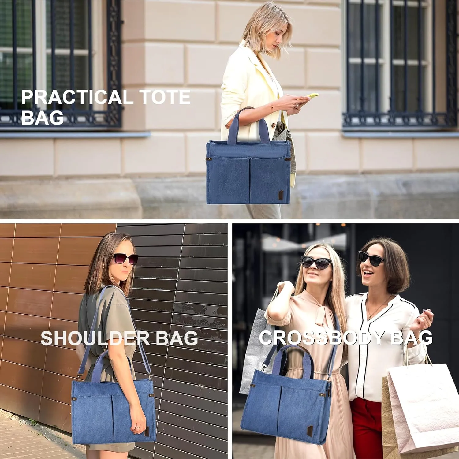 VASCHY Canvas Tote Bag for Women, Casual Sturdy Work Satchel Teachers Tote Purse with Zippers Pockets Crossbody Shoulder Bag