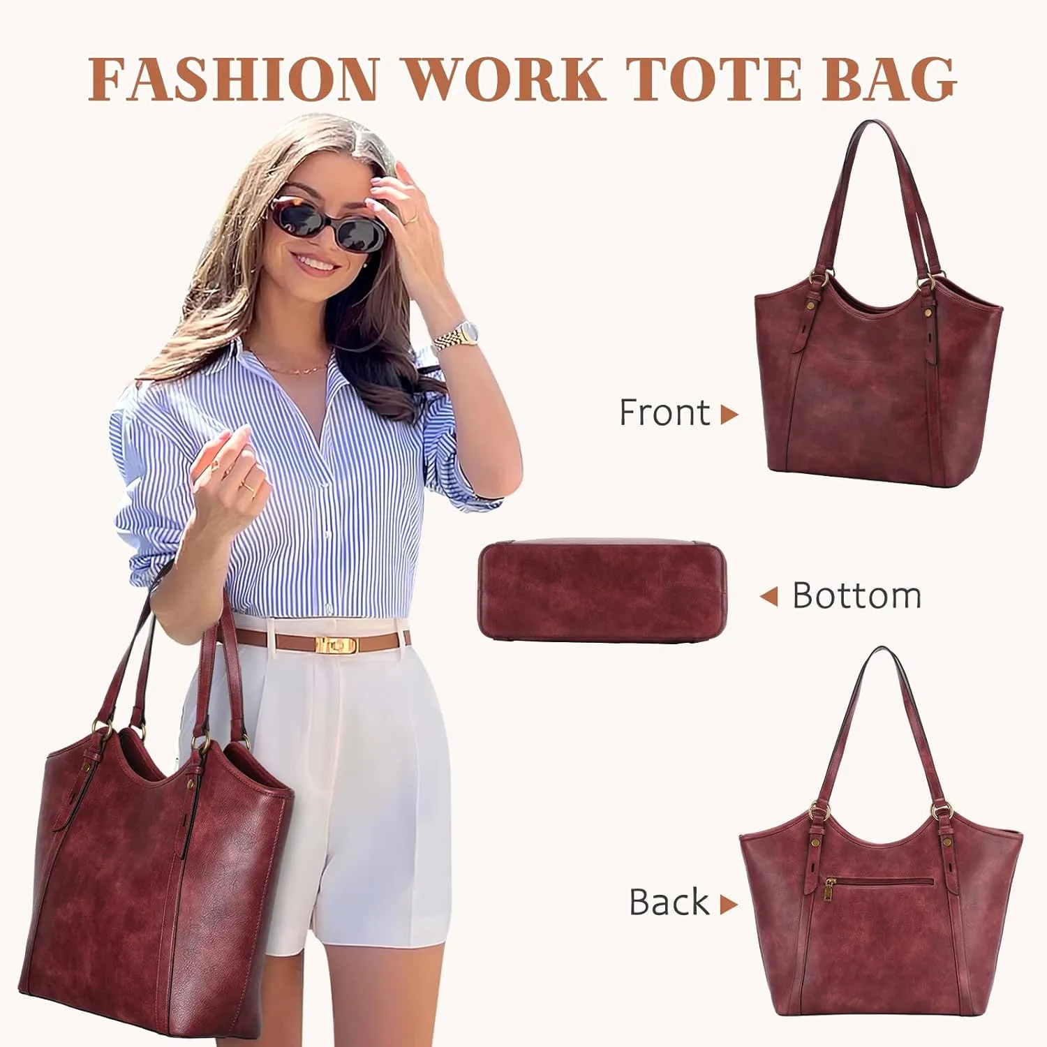 VASCHY Tote Bag Purse for Women, Fashion Large Vegan Leather Top Handle Satchel Shoulder Bag Handbag with Zipper for Work