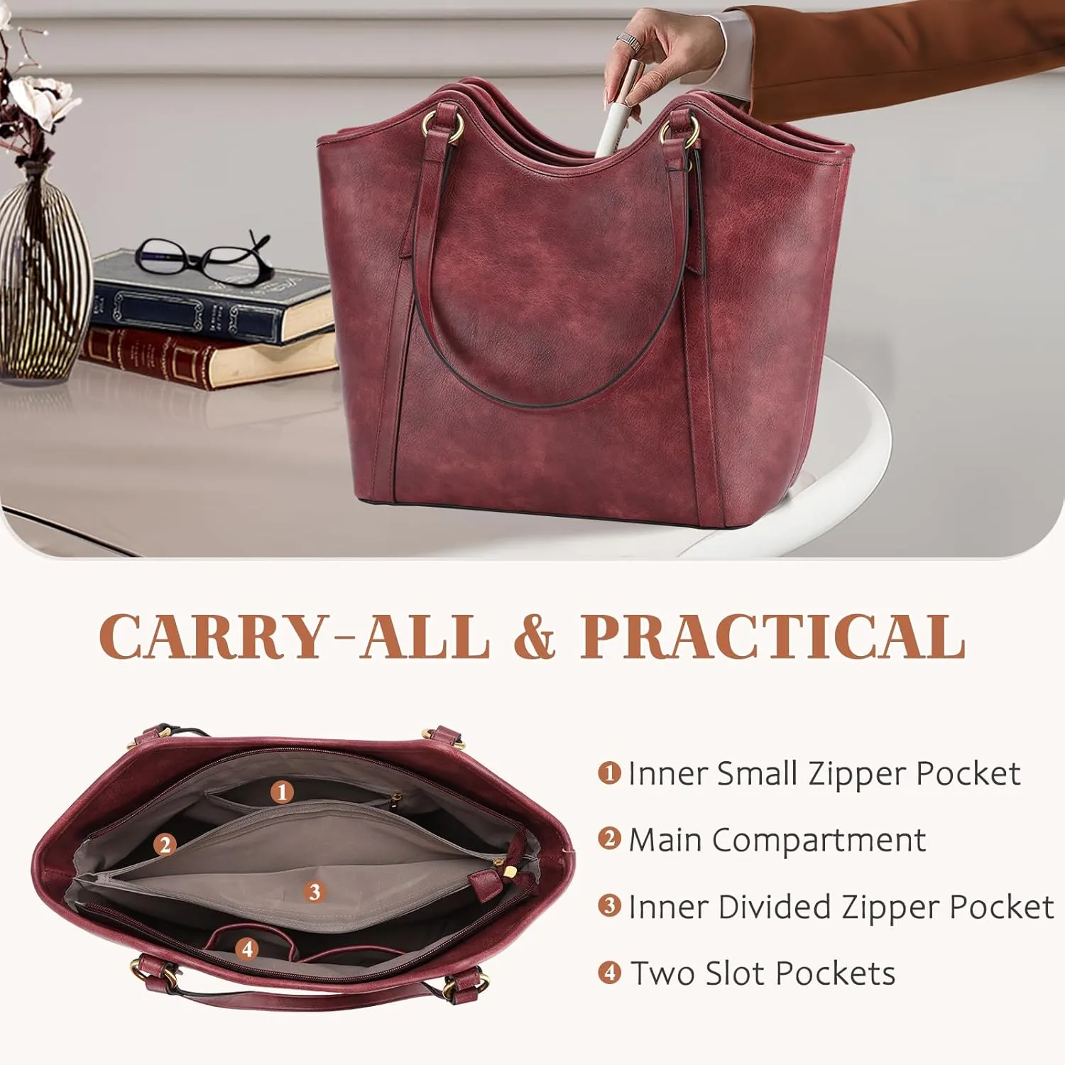 VASCHY Tote Bag Purse for Women, Fashion Large Vegan Leather Top Handle Satchel Shoulder Bag Handbag with Zipper for Work