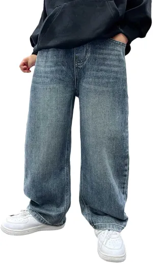 Verdusa Boy's Casual Straight Leg Baggy Jeans Elastic Waist Loose Denim Pants with Pockets