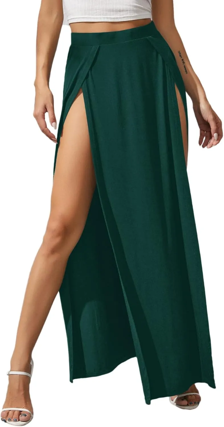 Verdusa Women's Elastic Waist High Split Wrap Flowy Long Maxi Skirt