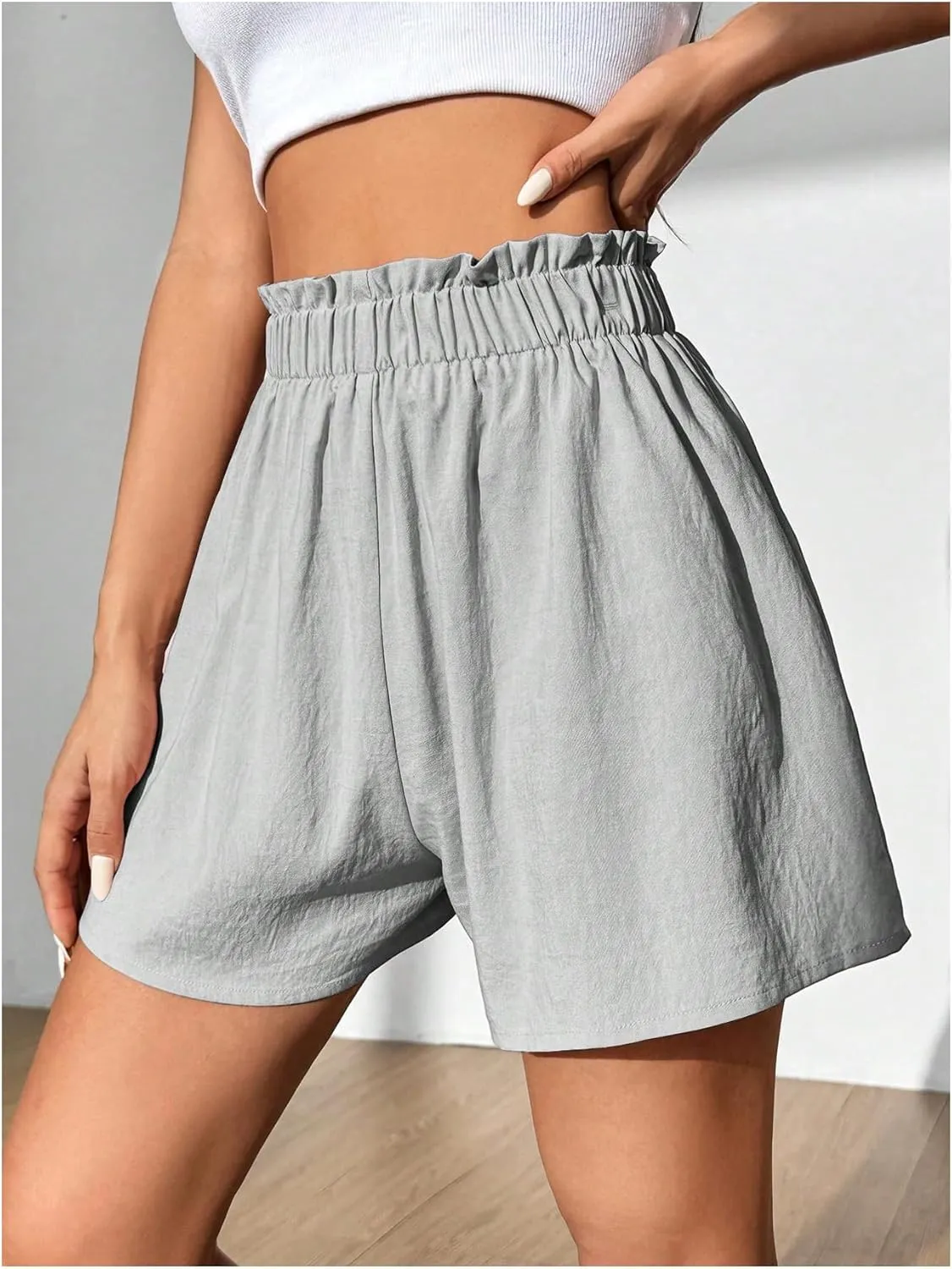 Verdusa Women's Ruffle Hem Solid Loose Shorts Elastic Waist Causal Shorts