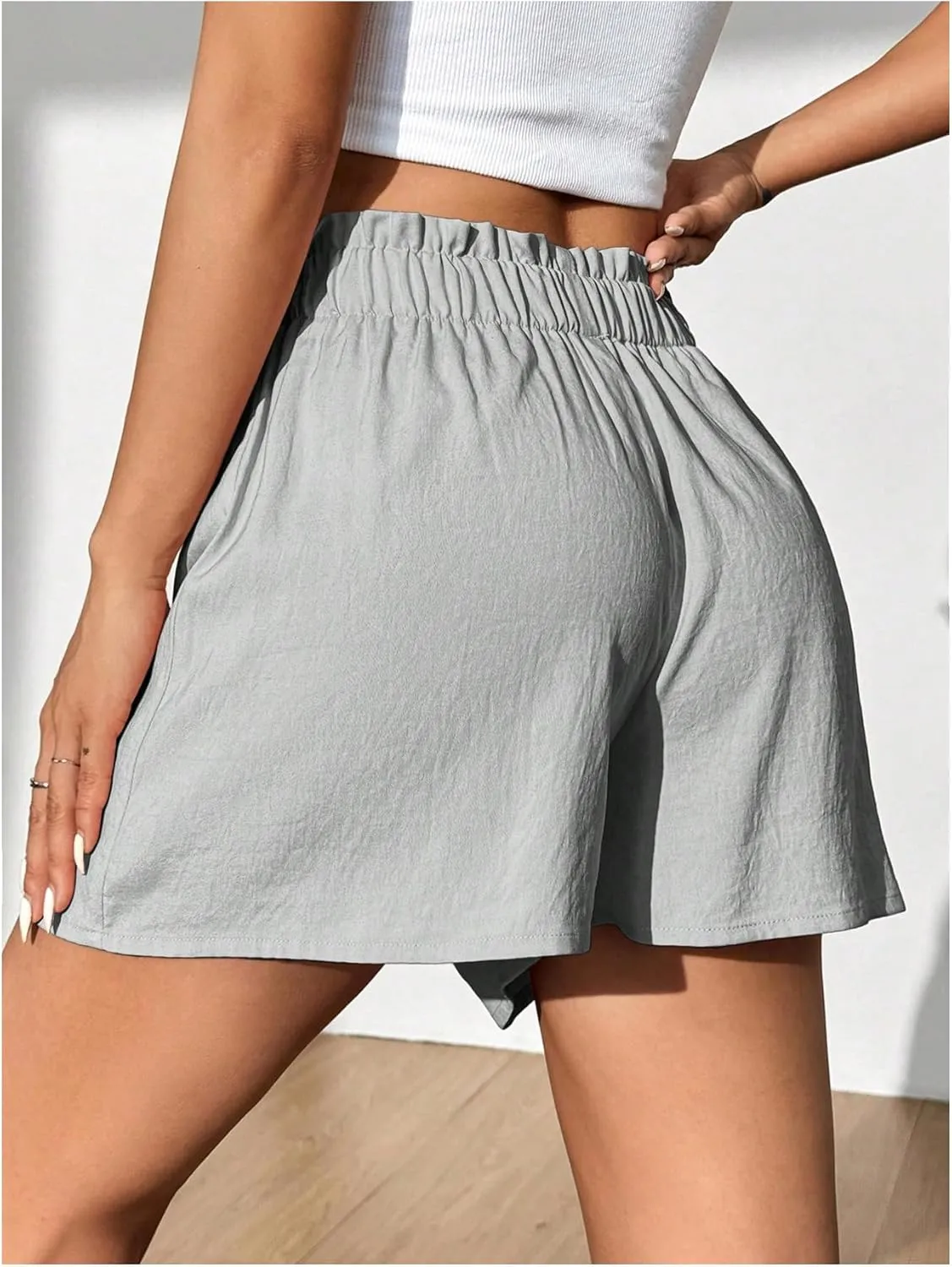 Verdusa Women's Ruffle Hem Solid Loose Shorts Elastic Waist Causal Shorts