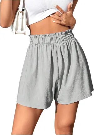 Verdusa Women's Ruffle Hem Solid Loose Shorts Elastic Waist Causal Shorts
