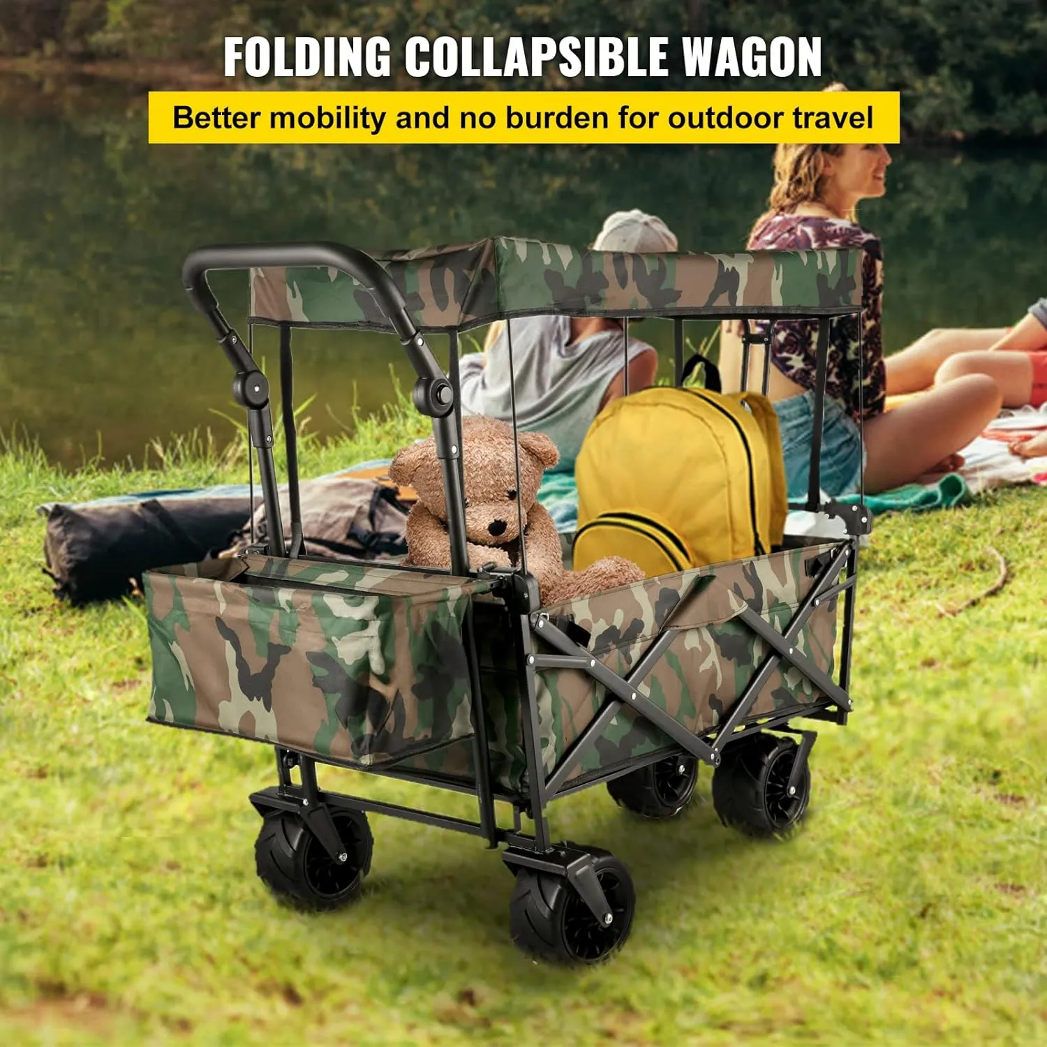 VEVOR Collapsible Wagon with Canopy, 220lbs Foldable Wagon, Beach Wagon Cart with Big Wheels and Canopy with Adjustable Push Pulling Handles