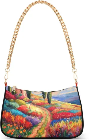 Village Train Painting Winter Women Purses Cute Small Hobo Bag Womens Ladies Handbags Chain Shoulder Purses Party