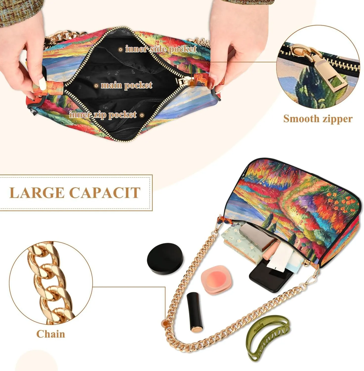Village Train Painting Winter Women Purses Cute Small Hobo Bag Womens Ladies Handbags Chain Shoulder Purses Party