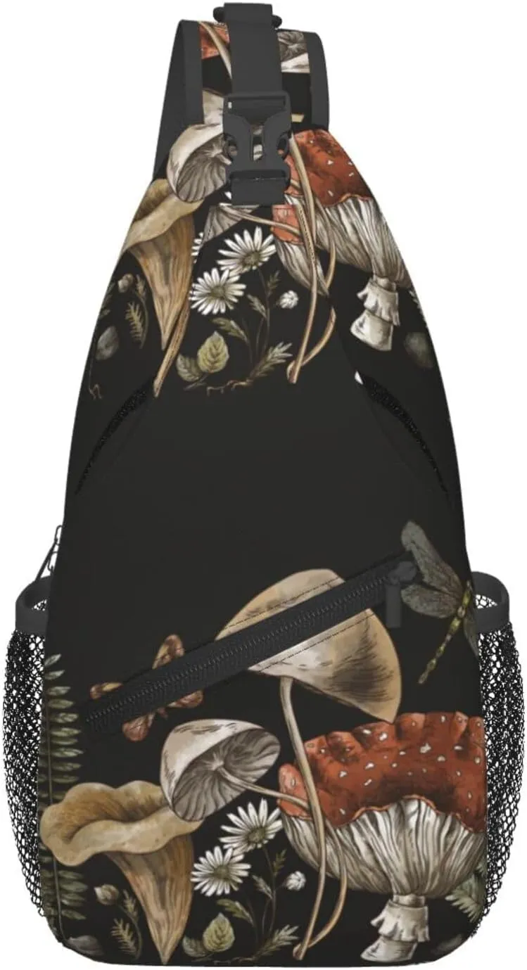 Vintage Botanical Mushroom Fern Forest Plants Woodland Treasures Amanita Chest Sling Bag Crossbody Shoulder Backpack Bag Gym Cycling Daypack Travel Hiking Cross Bag