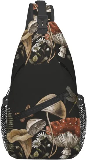 Vintage Botanical Mushroom Fern Forest Plants Woodland Treasures Amanita Chest Sling Bag Crossbody Shoulder Backpack Bag Gym Cycling Daypack Travel Hiking Cross Bag