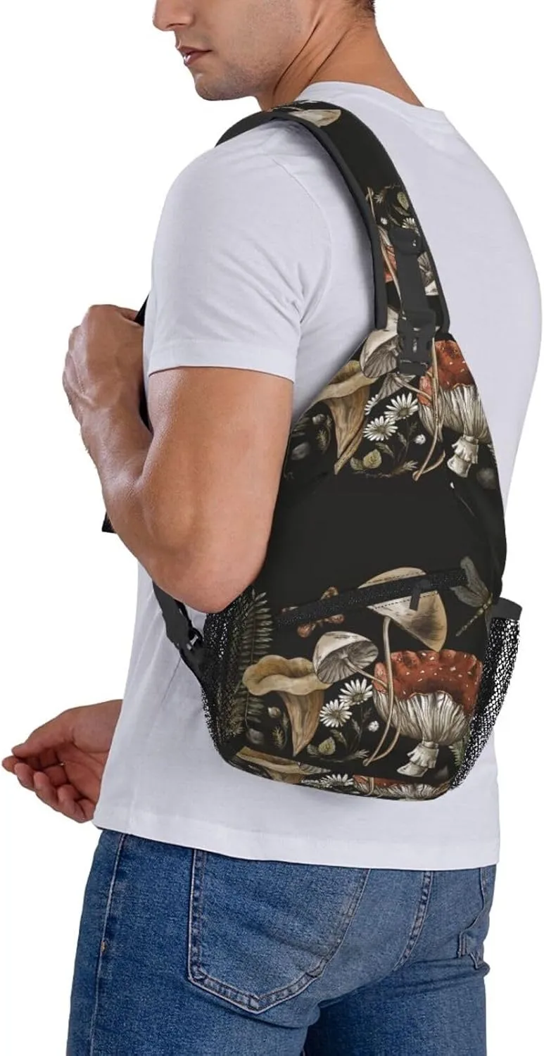 Vintage Botanical Mushroom Fern Forest Plants Woodland Treasures Amanita Chest Sling Bag Crossbody Shoulder Backpack Bag Gym Cycling Daypack Travel Hiking Cross Bag