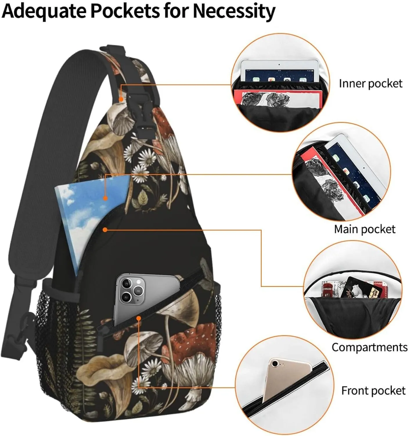 Vintage Botanical Mushroom Fern Forest Plants Woodland Treasures Amanita Chest Sling Bag Crossbody Shoulder Backpack Bag Gym Cycling Daypack Travel Hiking Cross Bag