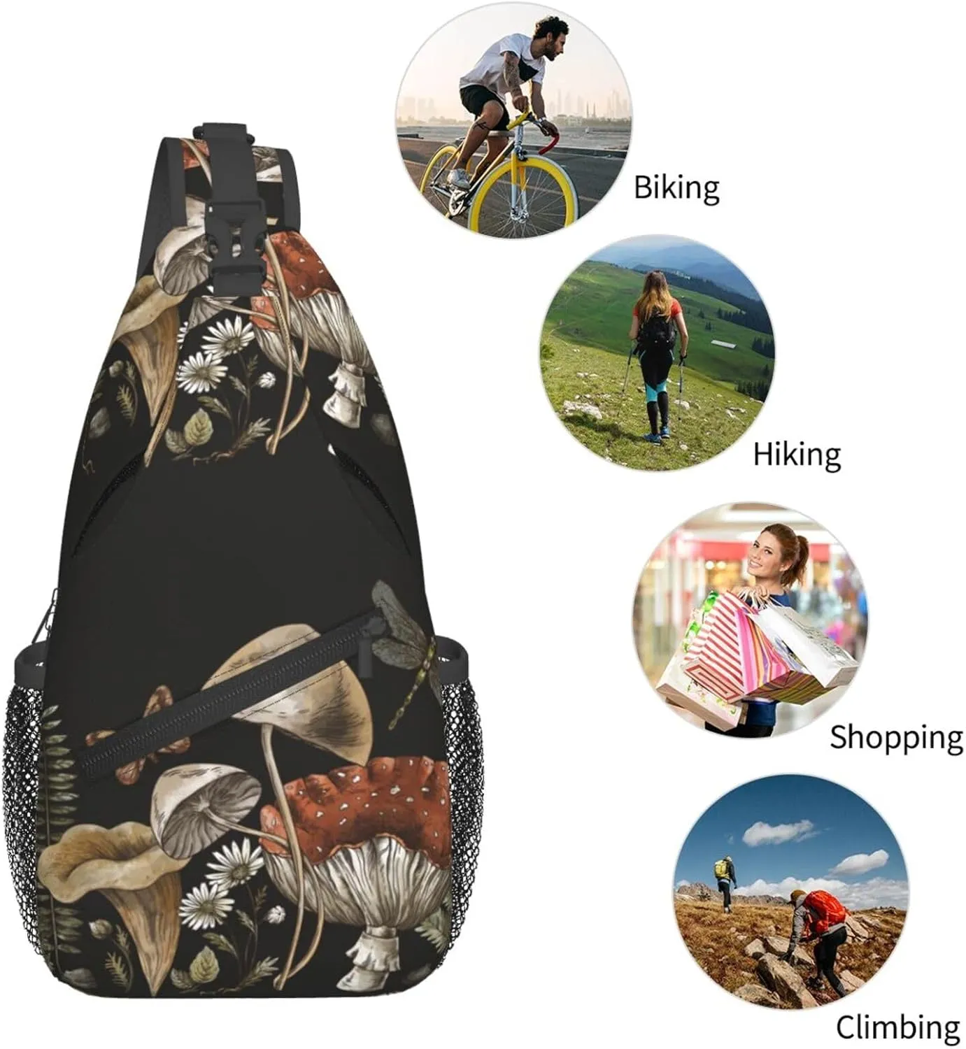 Vintage Botanical Mushroom Fern Forest Plants Woodland Treasures Amanita Chest Sling Bag Crossbody Shoulder Backpack Bag Gym Cycling Daypack Travel Hiking Cross Bag