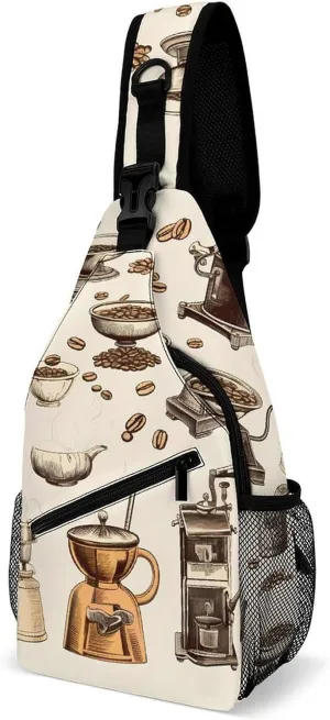 Vintage Coffee Grinding Machine Cup Crossbody Sling Bags Shoulder Backpack Chest DayPack Handbag