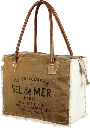 vintage crafts Upcycled Large Canvas Cowhide Leather Hand Bag, Womens Laptop Bag - Sel De Mer