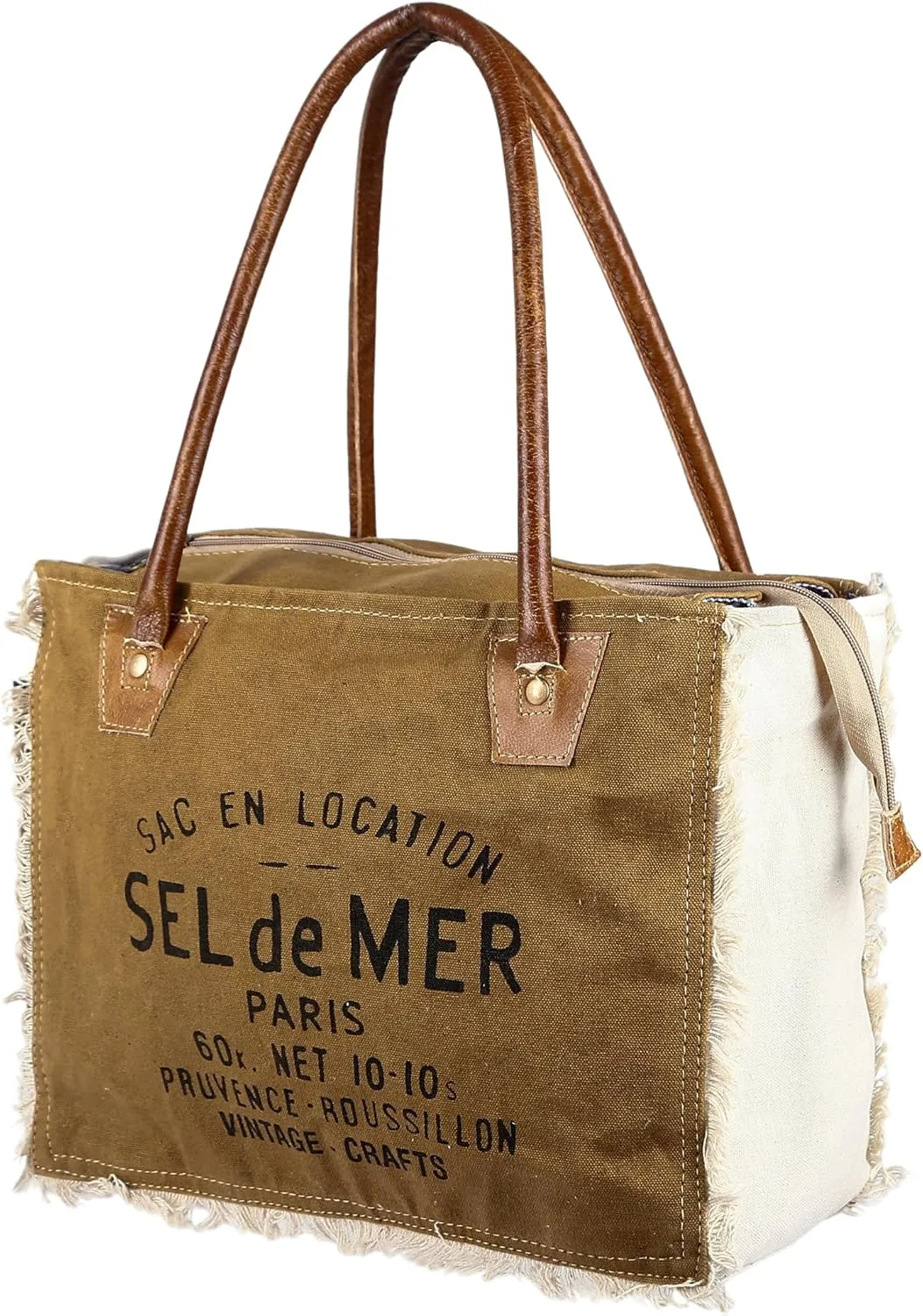 vintage crafts Upcycled Large Canvas Cowhide Leather Hand Bag, Womens Laptop Bag - Sel De Mer