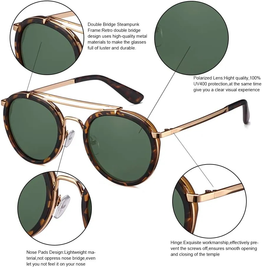 Vintage Steampunk Double Bridge Round Polarized Sunglasses Designer Metal Frame For Women Men