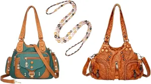 Vintage Style Shoulder Or Handbag With Rivet Decoration, This Is A Set Of Three Items Includes Two Bags And A Long Pearl Necklace.
