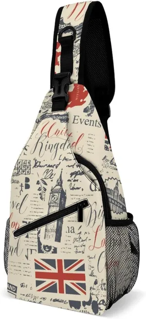 Vintage UK London Theme with Inscriptions British Symbols Sling Bags Men And Women Shoulder Backpack Chest Bag Cross Body Chest Sling Backpack.
