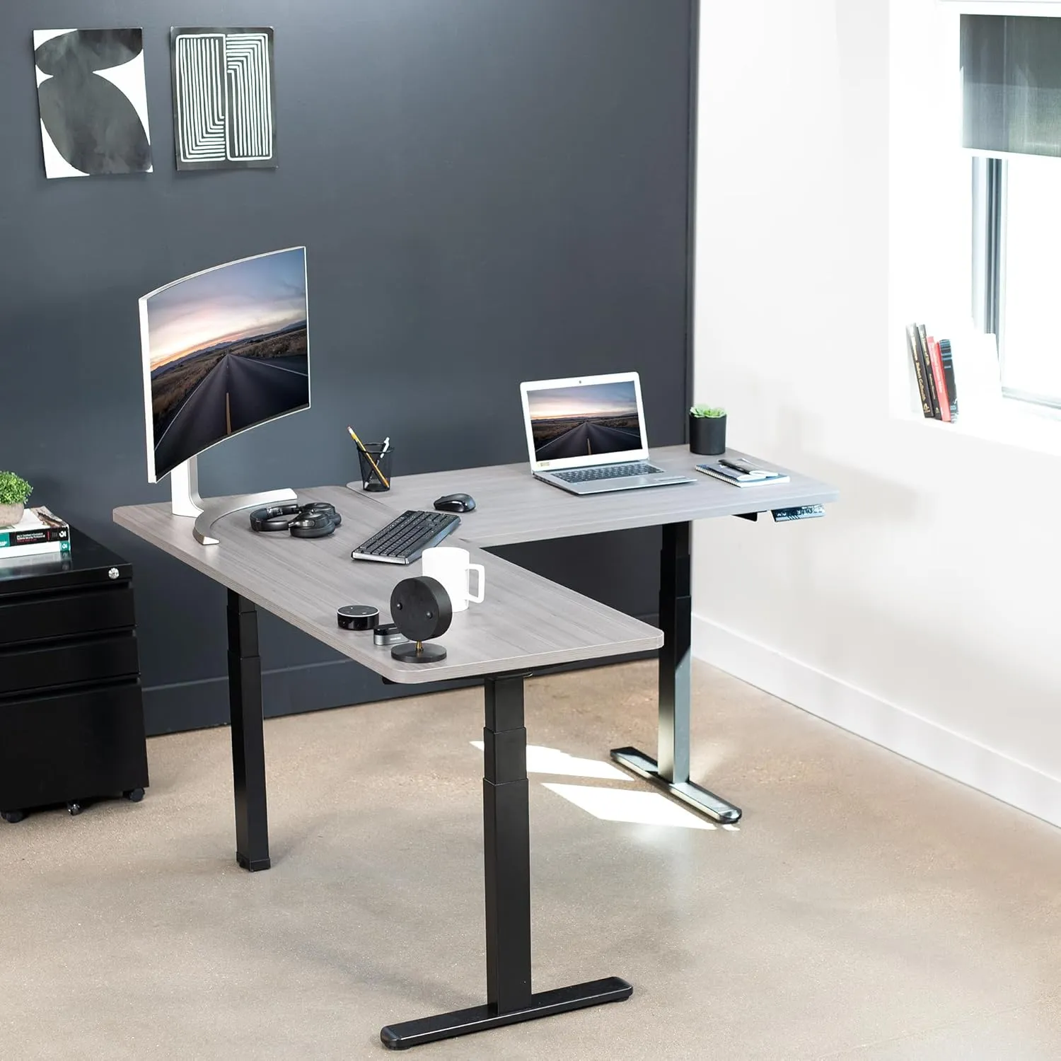 VIVO Electric Height Adjustable 67 x 60 inch Corner Stand Up Desk, 2 Dark Gray Solid Table Tops, Black Frame, Memory Controller, L-Shaped Workstation, 3E Series, DESK-KIT-3E6G