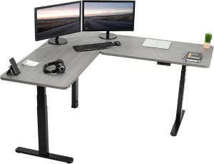 VIVO Electric Height Adjustable 67 x 60 inch Corner Stand Up Desk, 2 Dark Gray Solid Table Tops, Black Frame, Memory Controller, L-Shaped Workstation, 3E Series, DESK-KIT-3E6G