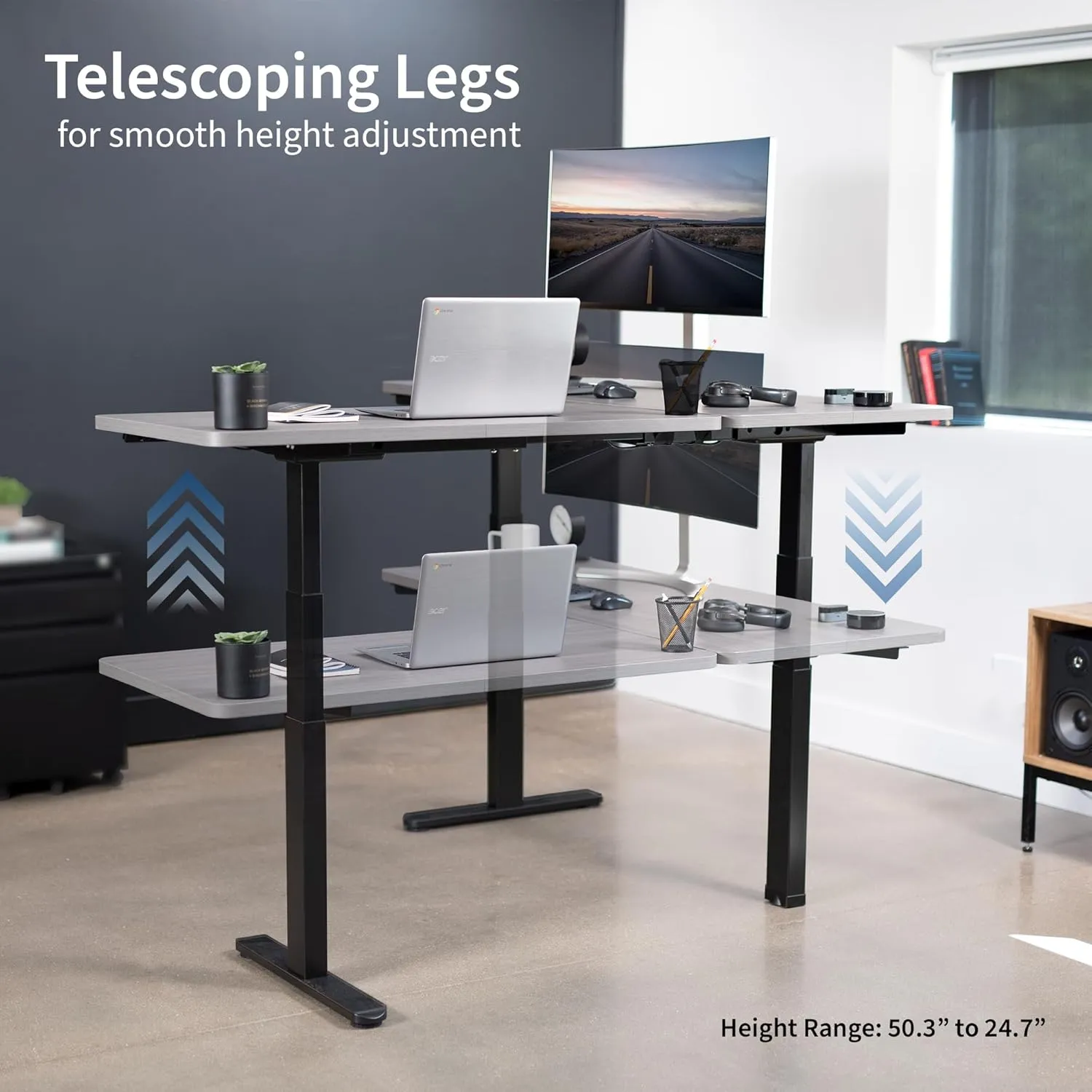 VIVO Electric Height Adjustable 67 x 60 inch Corner Stand Up Desk, 2 Dark Gray Solid Table Tops, Black Frame, Memory Controller, L-Shaped Workstation, 3E Series, DESK-KIT-3E6G