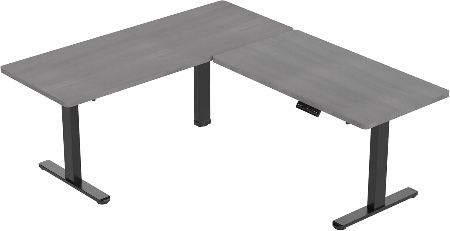 VIVO Electric Height Adjustable 67 x 60 inch Corner Stand Up Desk, 2 Dark Gray Solid Table Tops, Black Frame, Memory Controller, L-Shaped Workstation, 3E Series, DESK-KIT-3E6G