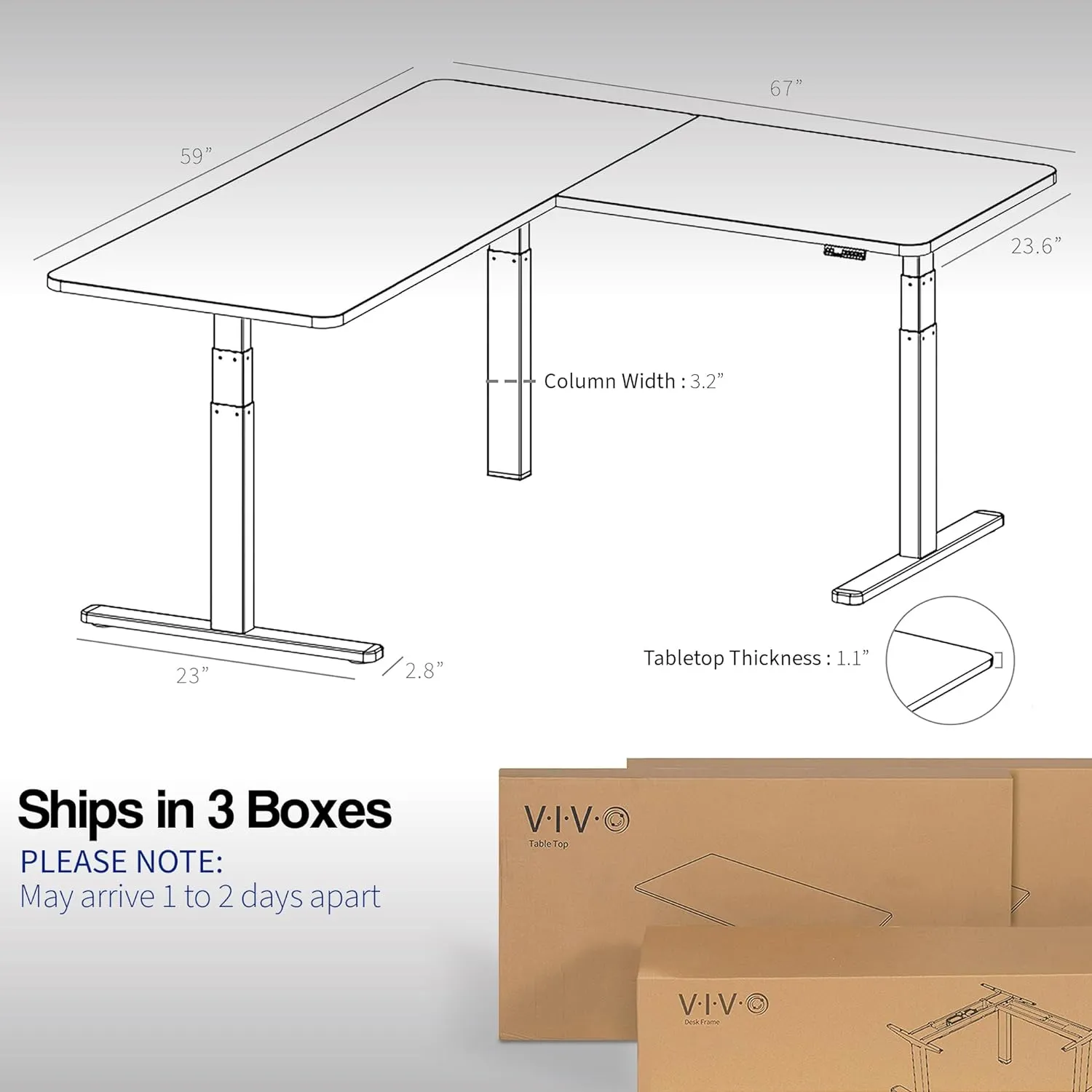 VIVO Electric Height Adjustable 67 x 60 inch Corner Stand Up Desk, 2 Dark Gray Solid Table Tops, Black Frame, Memory Controller, L-Shaped Workstation, 3E Series, DESK-KIT-3E6G