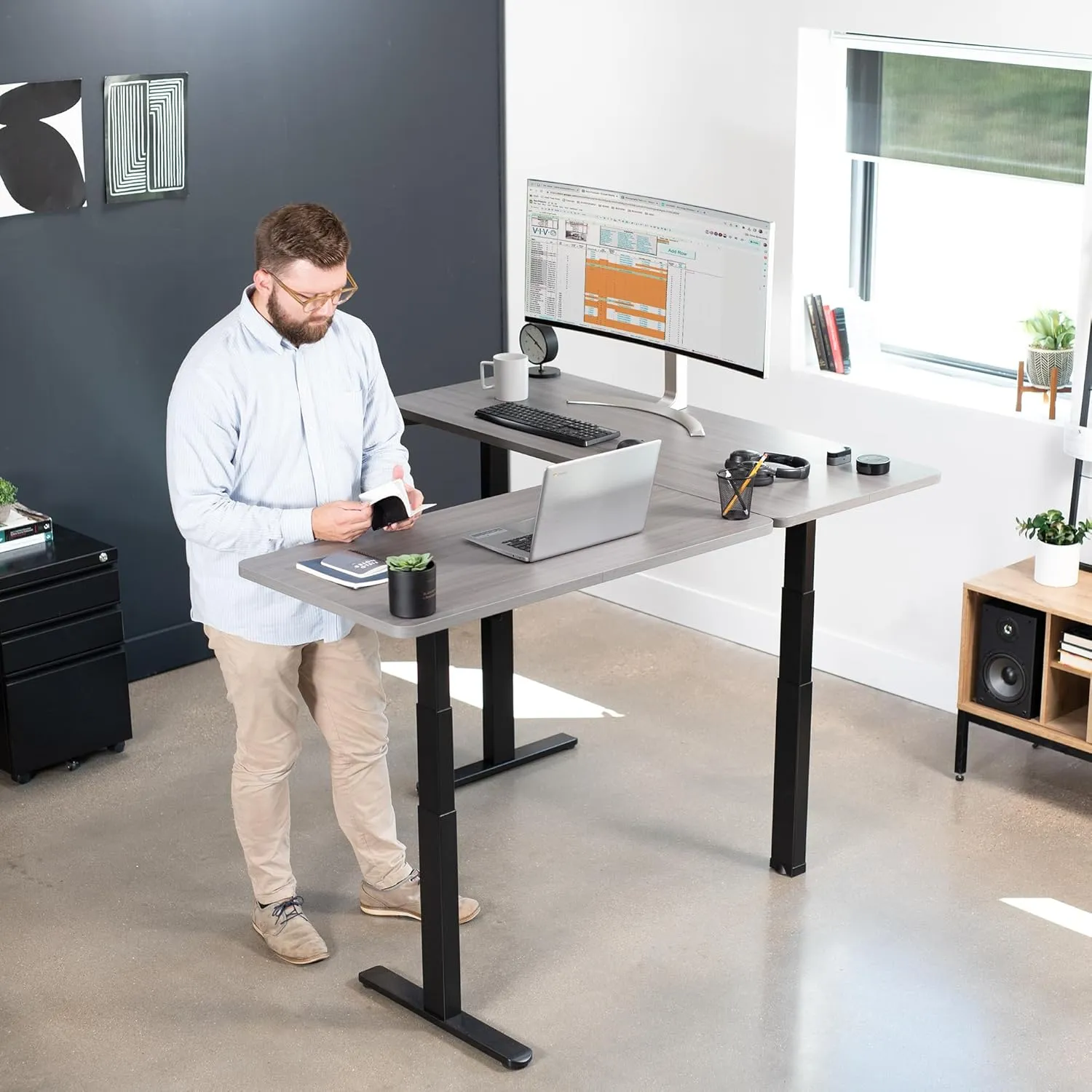 VIVO Electric Height Adjustable 67 x 60 inch Corner Stand Up Desk, 2 Dark Gray Solid Table Tops, Black Frame, Memory Controller, L-Shaped Workstation, 3E Series, DESK-KIT-3E6G