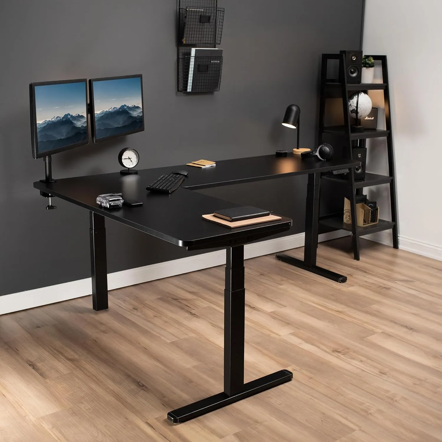 VIVO Electric Height Adjustable 83 x 60 inch Corner Stand Up Desk, 2 Black Solid Table Tops, Black Frame, Memory Controller, L-Shaped Workstation, 3E Series, DESK-KIT-3E8B
