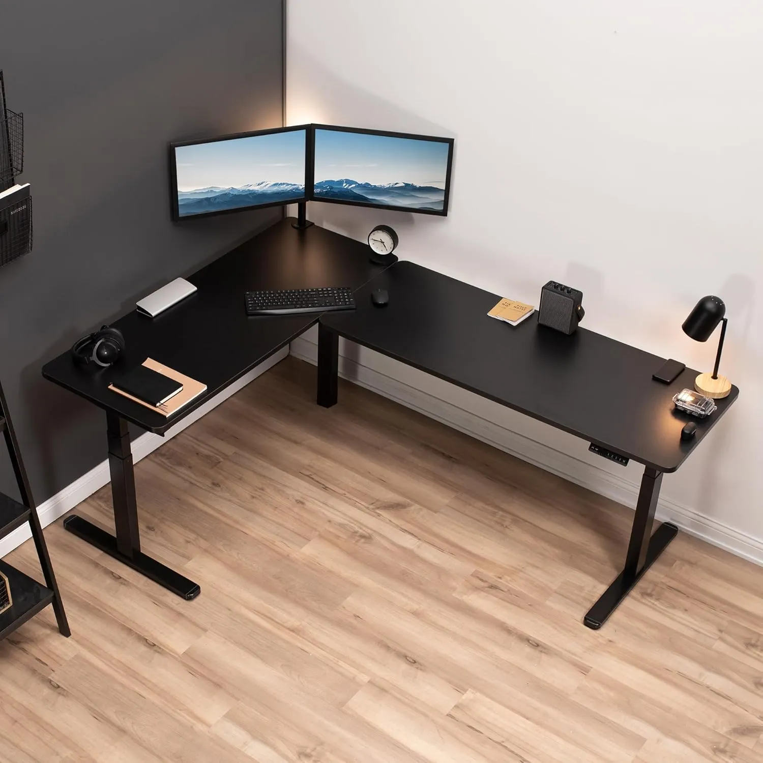 VIVO Electric Height Adjustable 83 x 60 inch Corner Stand Up Desk, 2 Black Solid Table Tops, Black Frame, Memory Controller, L-Shaped Workstation, 3E Series, DESK-KIT-3E8B