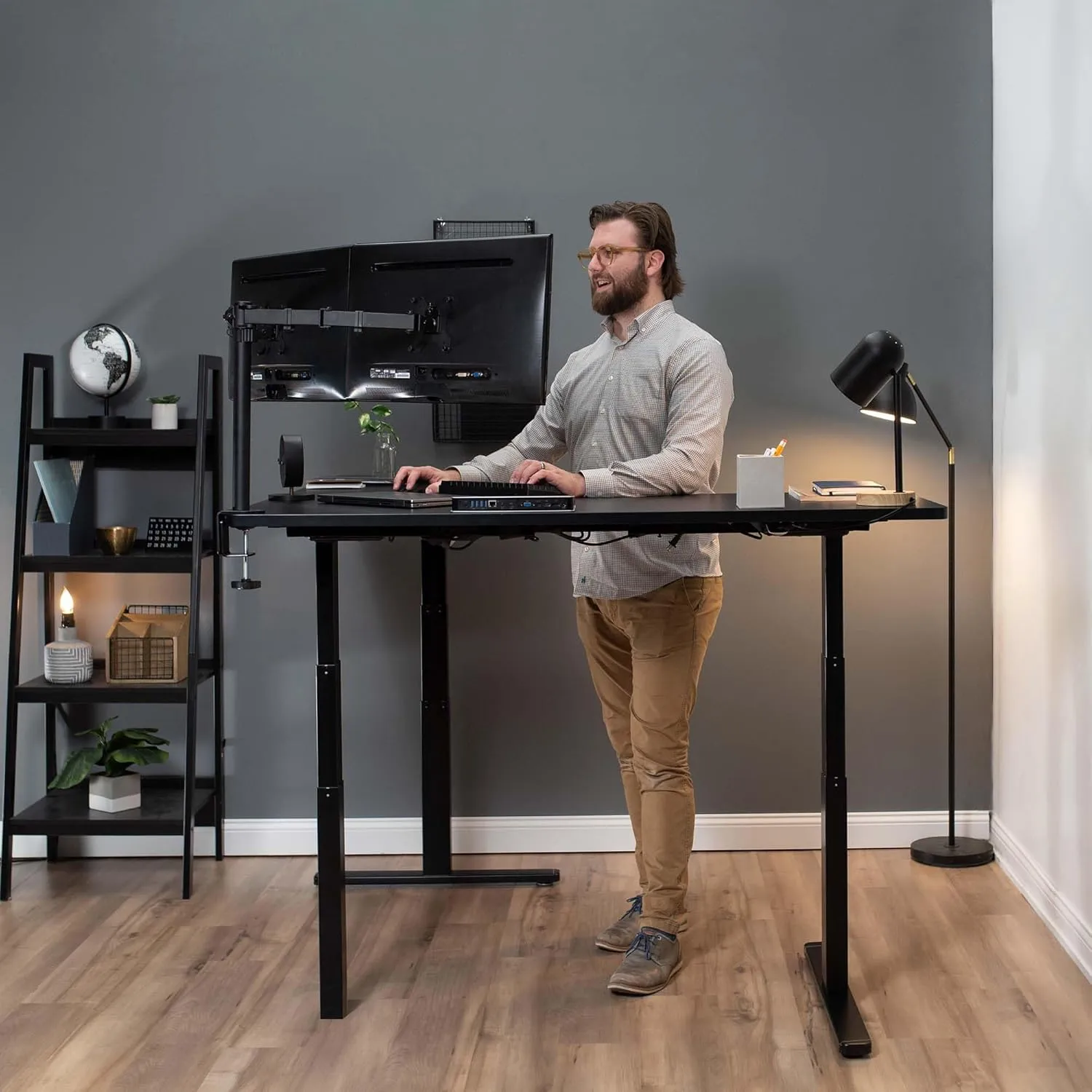 VIVO Electric Height Adjustable 83 x 60 inch Corner Stand Up Desk, 2 Black Solid Table Tops, White Frame, Memory Controller, L-Shaped Workstation, 3E Series, DESK-KIT-3E8WB