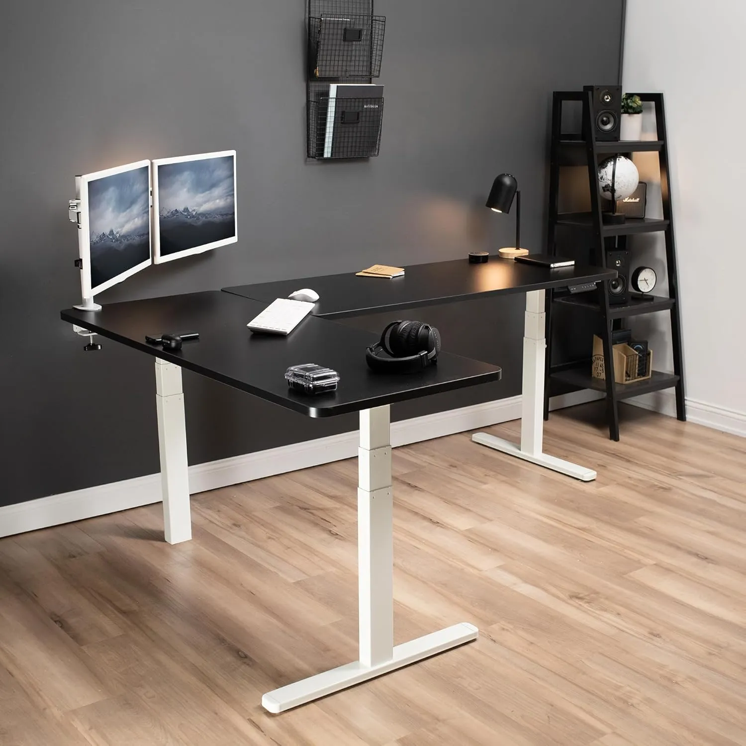 VIVO Electric Height Adjustable 83 x 60 inch Corner Stand Up Desk, 2 Black Solid Table Tops, White Frame, Memory Controller, L-Shaped Workstation, 3E Series, DESK-KIT-3E8WB