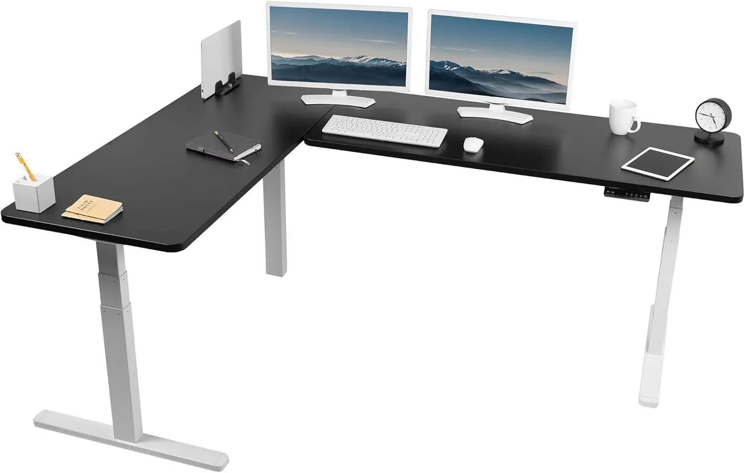 VIVO Electric Height Adjustable 83 x 60 inch Corner Stand Up Desk, 2 Black Solid Table Tops, White Frame, Memory Controller, L-Shaped Workstation, 3E Series, DESK-KIT-3E8WB