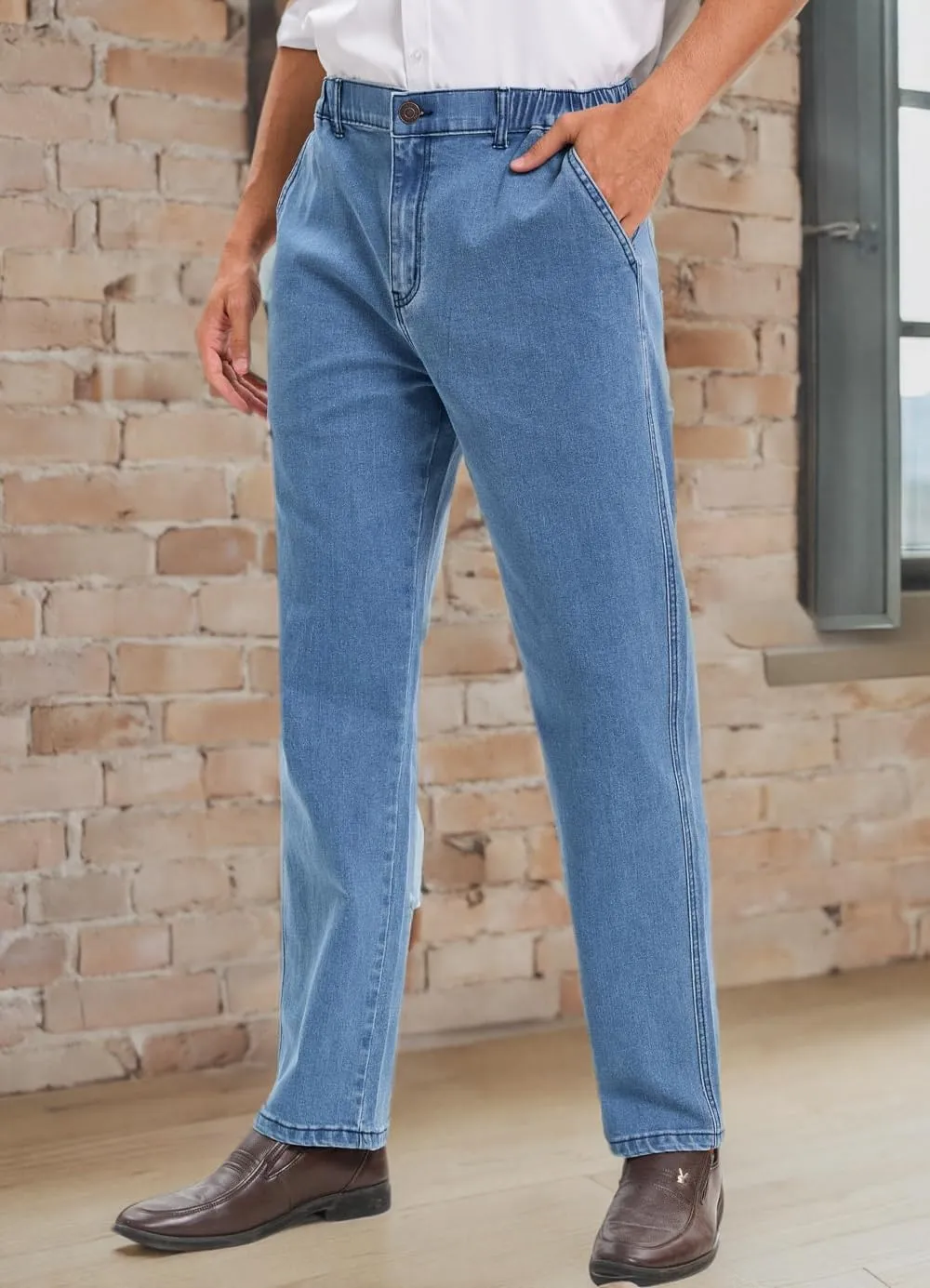 voeeron Mens Elastic Waist Jeans Relaxed Fit Men's Jeans with Elastic Waist with Zipper and Button