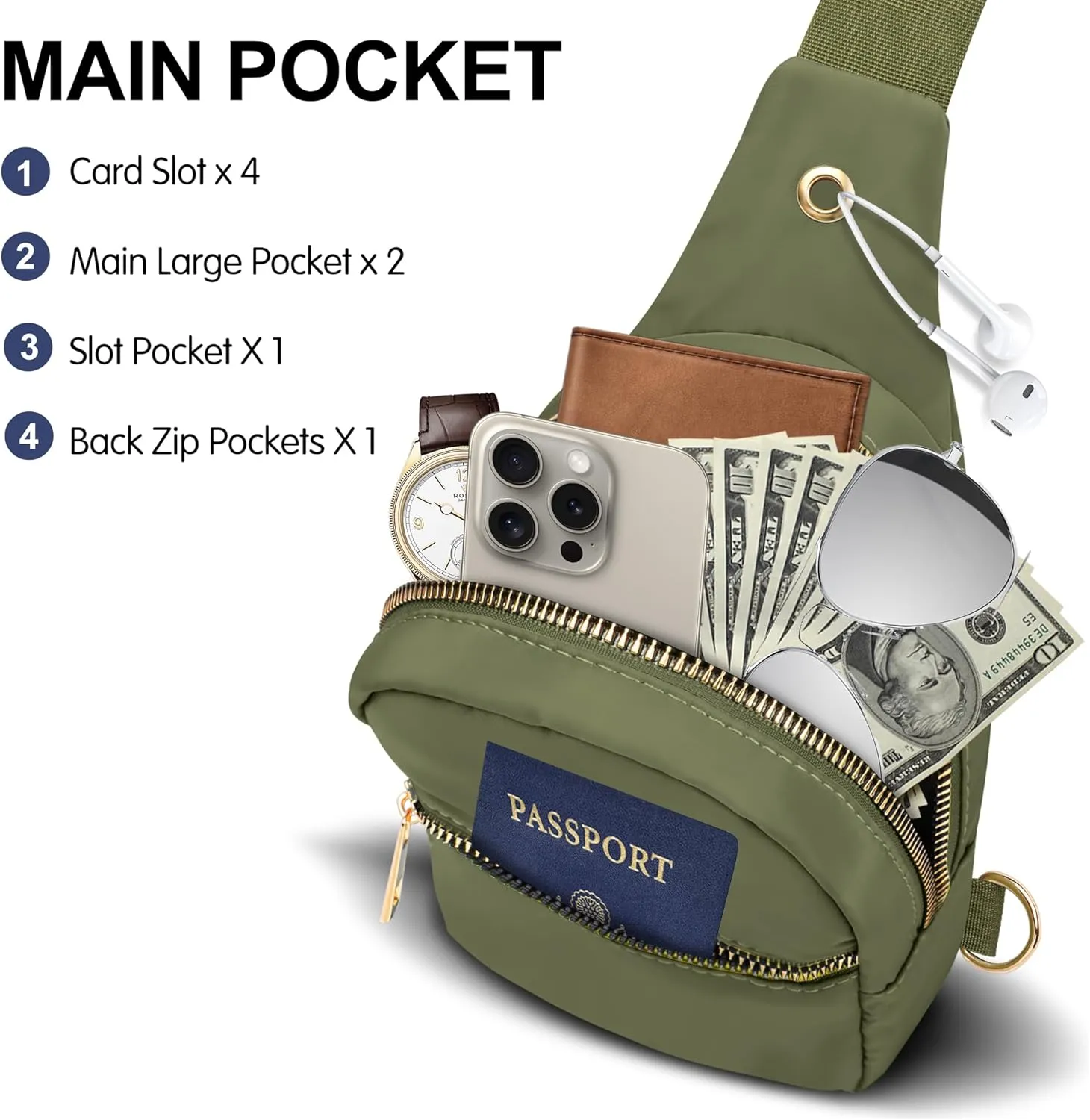 VOROLO Large Sling Bag,Crossbody Bags For Women and Men Cross body Bag Khaki Green