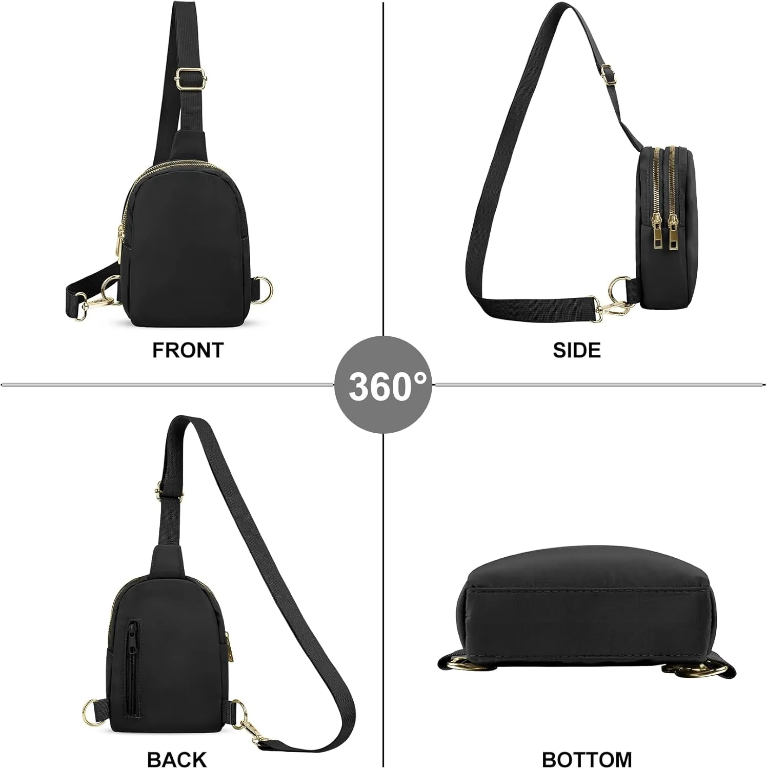 VOROLO Sling Bag Sling Chest Bag with Two Parallel Zipper and Ajustable Strap Fashion Sling Pack Black