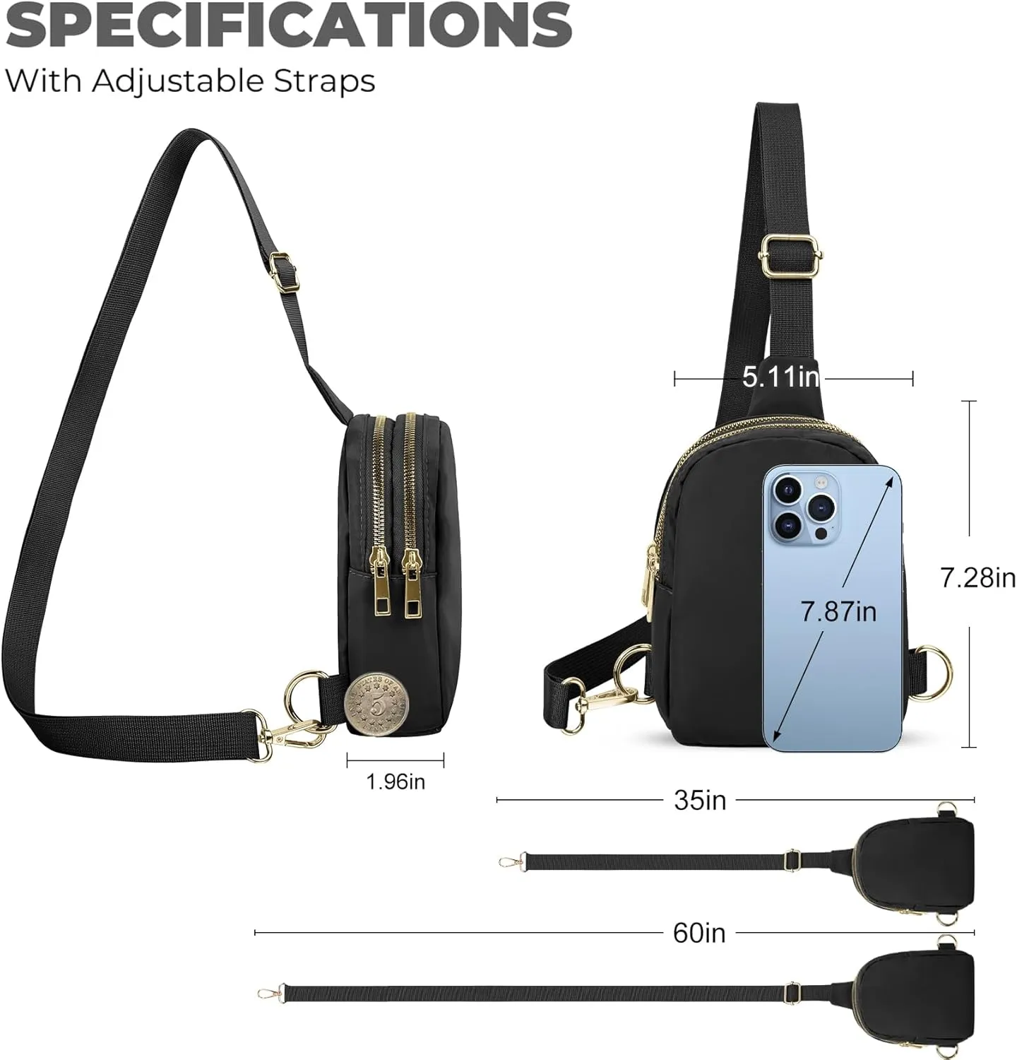 VOROLO Sling Bag Sling Chest Bag with Two Parallel Zipper and Ajustable Strap Fashion Sling Pack Black