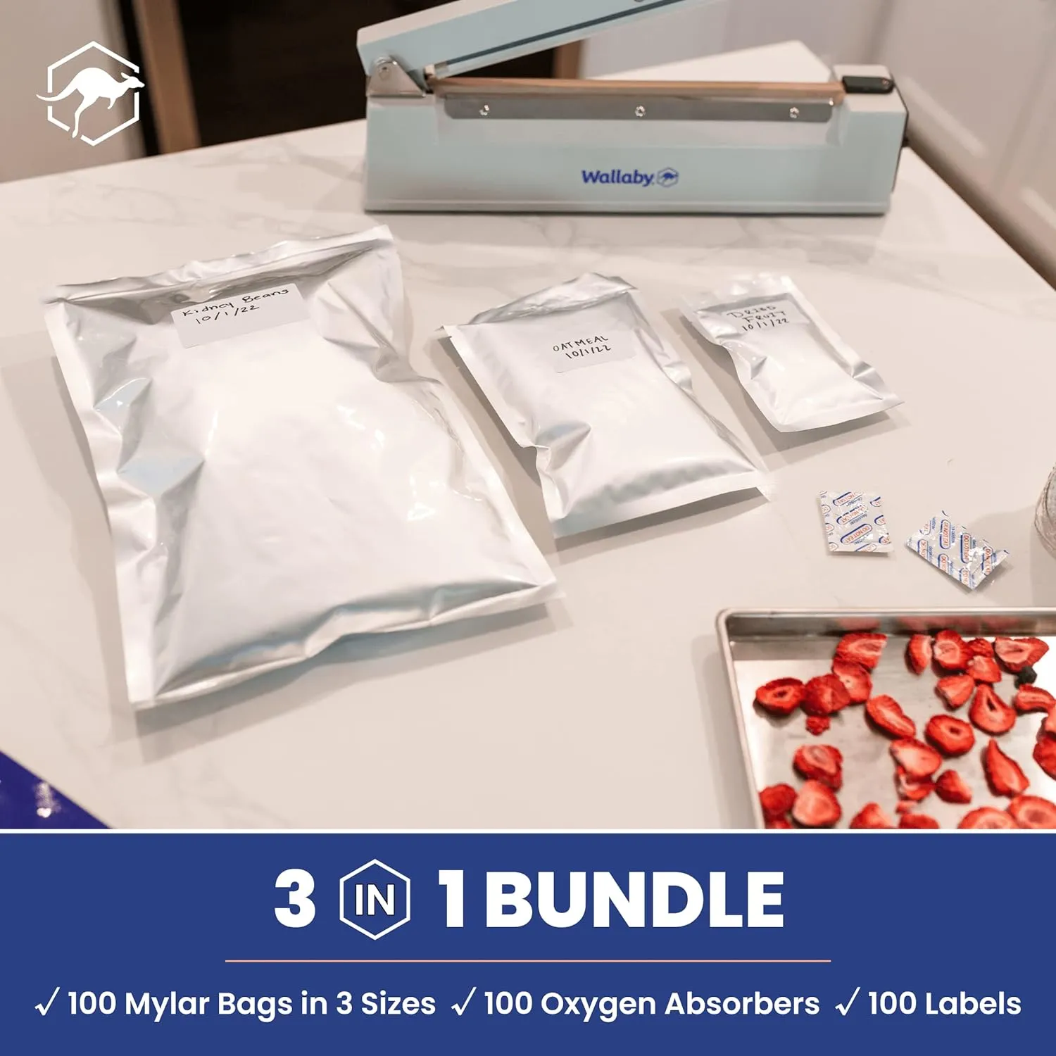 Wallaby 100ct Multi-Size Mylar Bags, 400cc Oxygen Absorbers, 10 Mil Thick, 1-Gal 10x14, 1-Qt 8x12, 1/2-Pt 6x8, Heat-Sealable, Airtight, Flat, Silver, for Long-Term Food Storage.