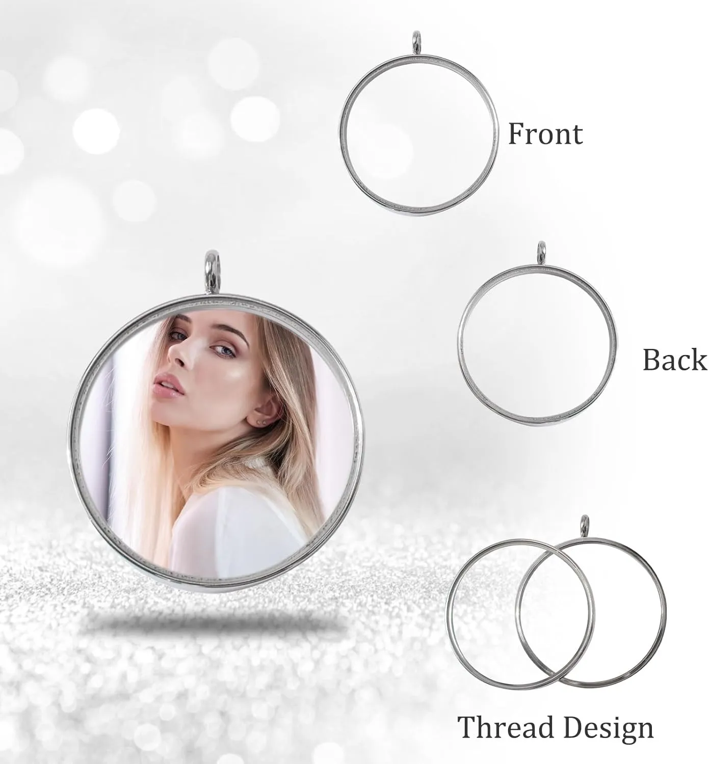 WANDIC Silver Photo Charms, 4 Pcs Screw Thread Round Memory Locket Pendants, Bridal Wedding Bouquet Frame for Bouquet or Car Decoration, Key Chain, Necklace Making, 40mm