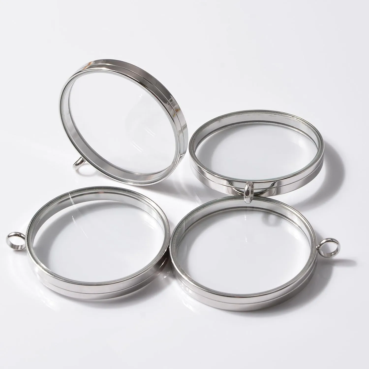 WANDIC Silver Photo Charms, 4 Pcs Screw Thread Round Memory Locket Pendants, Bridal Wedding Bouquet Frame for Bouquet or Car Decoration, Key Chain, Necklace Making, 40mm