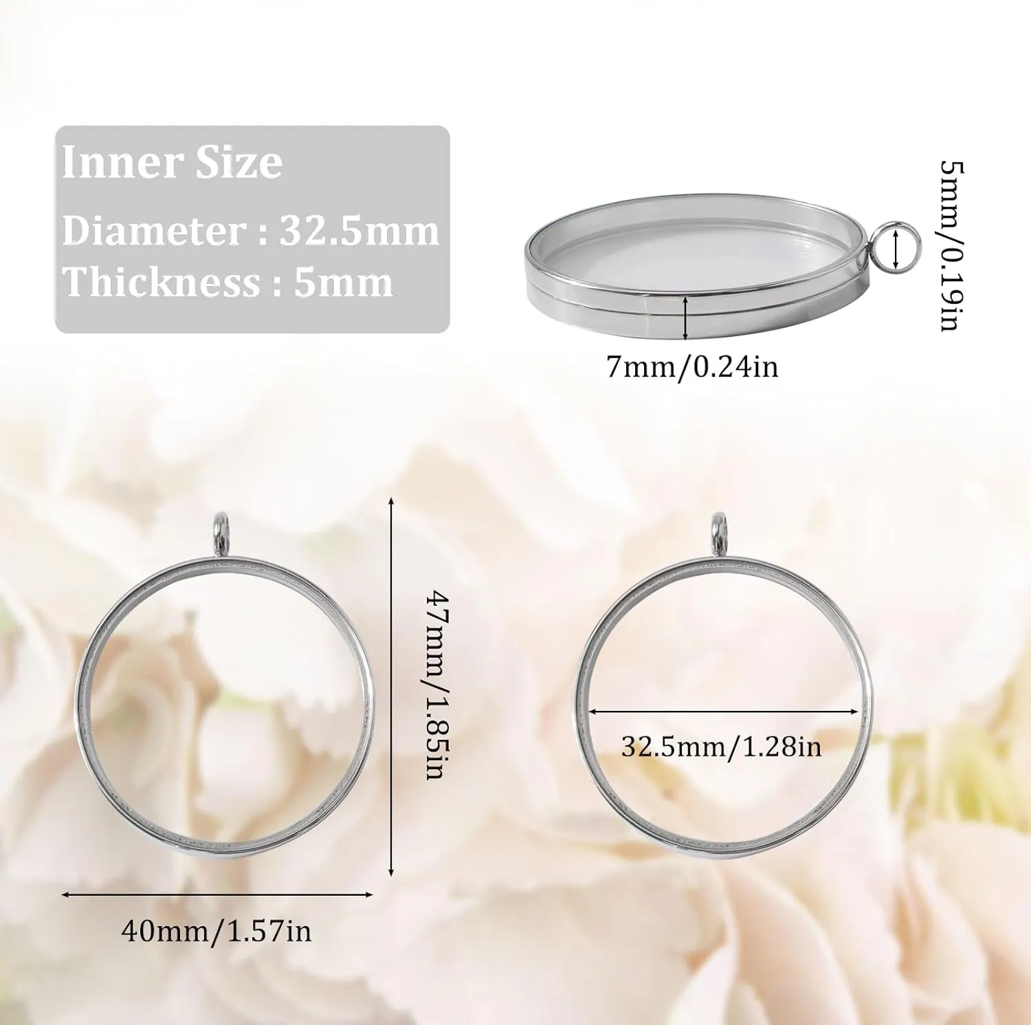 WANDIC Silver Photo Charms, 4 Pcs Screw Thread Round Memory Locket Pendants, Bridal Wedding Bouquet Frame for Bouquet or Car Decoration, Key Chain, Necklace Making, 40mm