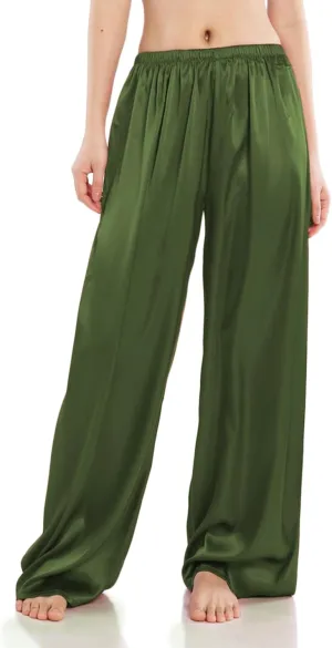 Wantschun Womens Wide Leg Pajama Pants Satin Silk Casual Loose Elastic Waist Lounge Pants Pj Bottoms