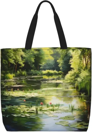 Water Lilies in the Pond Women's Casual Tote Bags, Reusable Tote Shoulder Bags, Multi-Function Large Capacity Shopping Bags