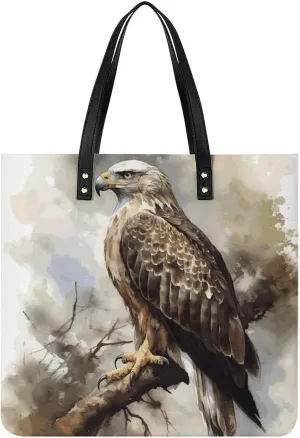 Watercolor of Hawk Sitting Leather Women Tote Bag Soft Handbags Fashion Shoulder Purses Large Capacity Satchel Clutch Handbag for Travel Work