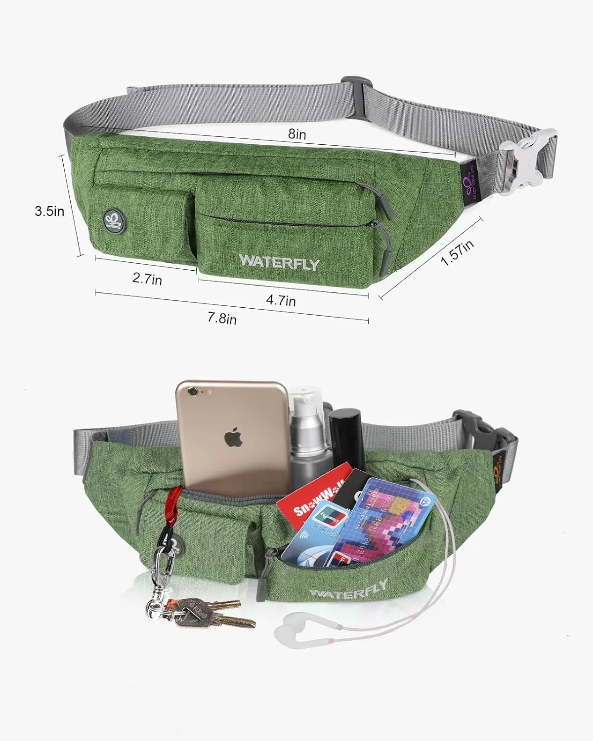 WATERFLY Fanny Pack for Women Men Water Resistant Small Waist Pouch Slim Belt Bag with 4 Pockets for Running Travelling Hiking Walking Lightweight Crossbody Chest Bag Fit All Phones…