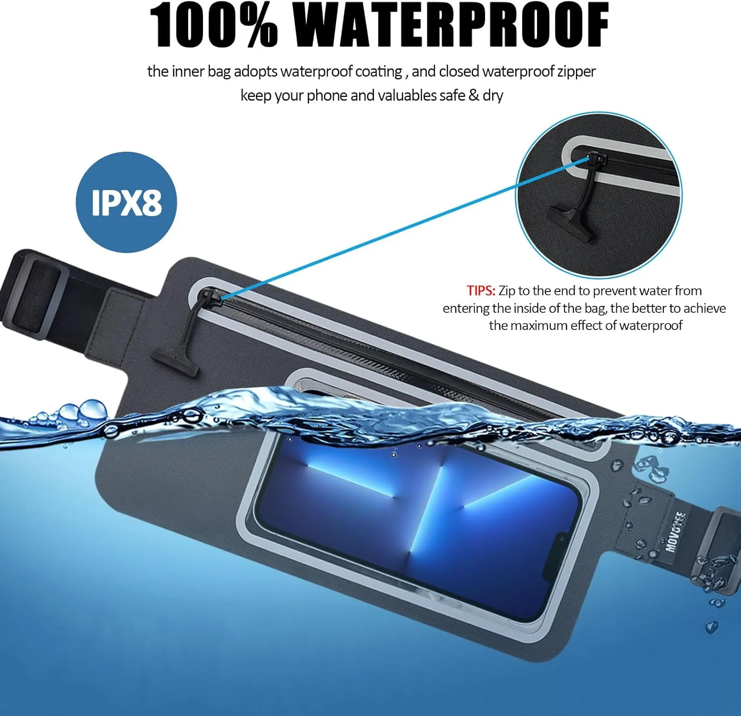 Waterproof Fanny Pack for Men Women Running Belt Bag Swimming Kayaking Boating Beach Water Sport Travel Kids Cell Phone Pouch,Workout Exercise Small GYM Waist Bag,Slim Hiking Waist Pack Black